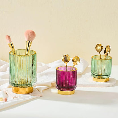 Makeup Brush Holder Organizer,Toothbrush Holders,Desk Pen Pencil Holder,Multifunctional Vintage Glass Brush Cup（L/Green/A3-6-US）