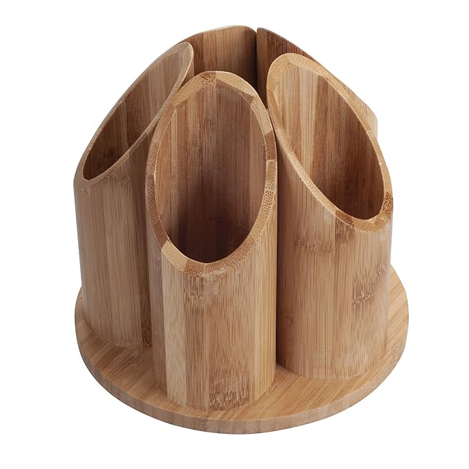 MobileVision Bamboo Circular Rotating Makeup Organizer, 5 Sections for Cosmetic Brushes, Lipsticks, Eye Liners, Accessories, Beauty Products & More