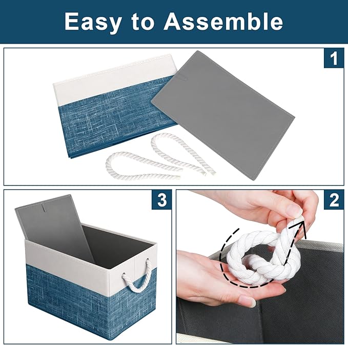 Fab totes Storage Bins 2-Pack, Foldable Storage Baskets for Organizing Toys, Books, Shelves, Closet, Large Storage Box with Rope Handles, Sturdy Organizer Bins, White & Blue