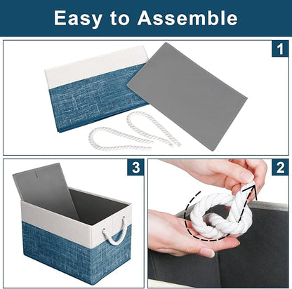 Fab totes Storage Bins 2-Pack, Foldable Storage Baskets for Organizing Toys, Books, Shelves, Closet, Large Storage Box with Rope Handles, Sturdy Organizer Bins, White & Blue