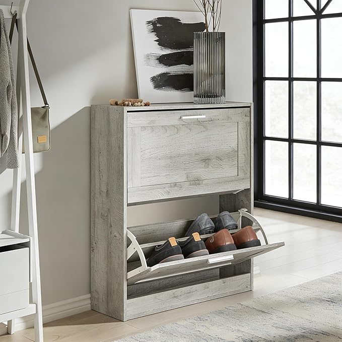 Haotian Enclosed Shoe Rack for Entryway, Narrow Shoe Cabinet with 2 Flip Drawers, Slim Shoe Storage Organizer for Hallway or Small Spaces, Grey, FSR137-HG