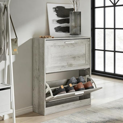 Haotian Enclosed Shoe Rack for Entryway, Narrow Shoe Cabinet with 2 Flip Drawers, Slim Shoe Storage Organizer for Hallway or Small Spaces, Grey, FSR137-HG