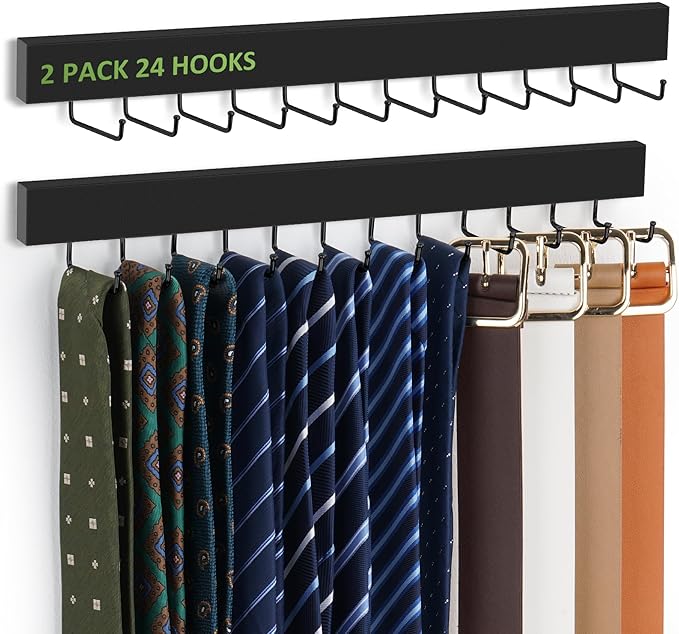2 Pack Tie Hanger Wall Mounted, Wooden Tie Rack Belt Hanger with 24 Non Slip 180° Rotating Hooks, Belt Organizer Space Saving Tie Hanger for Closet, Tie Holder & Tie Organizer, Black
