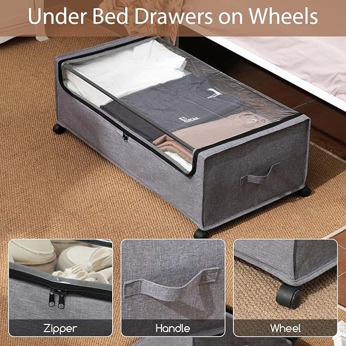 FOUCSSOMEI Under Bed Storage with Wheels, Rolling Under bed Storage with Metal Frame, Under Bed Shoe Storage for Space Saving, Zippered Clear Lid, Heavy-Duty Steel Base for Clothes
