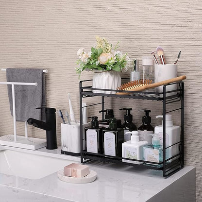 zccz 2-Tier Bathroom Organizer, Ideal as a Kitchen or Bathroom Countertop Organizer - Black Finish Makeup Organizer for Vanity - Black Finish Kitchen and Bathroom Storage Organizer