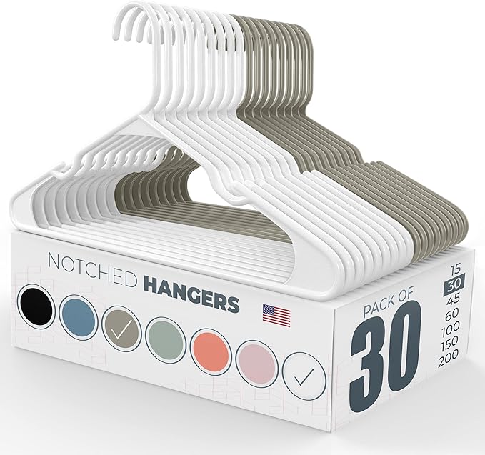 Plastic Hangers 30 Pack – Made in The USA – 6lb Capacity Standard Clothes Hangers with Notches and Reinforced Edges for Dresses, Lingerie, Shirts, Pants, and Jackets – White & Gray