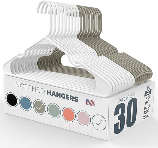 Plastic Hangers 30 Pack – Made in The USA – 6lb Capacity Standard Clothes Hangers with Notches and Reinforced Edges for Dresses, Lingerie, Shirts, Pants, and Jackets – White & Gray