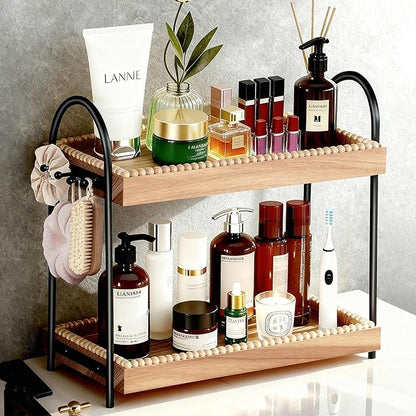 Large 2-Tier Bathroom Countertop Organizer with 8 Jewelry Hooks, 17.3" Eco-Coated Wood Vanity Tray for Perfume & Makeup, Skincare Storage Shelf for Dresser Coffee Bar Kitchen (Light Brown & Black)