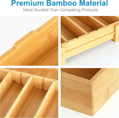 Bamboo Expandable Silverware Organizer - Adjustable Cutlery Tray with 3 Removable Dividers & 5 Tracks, Drawer Organizer for Utensils, Stationery, Tools (12.6" to 20.5")
