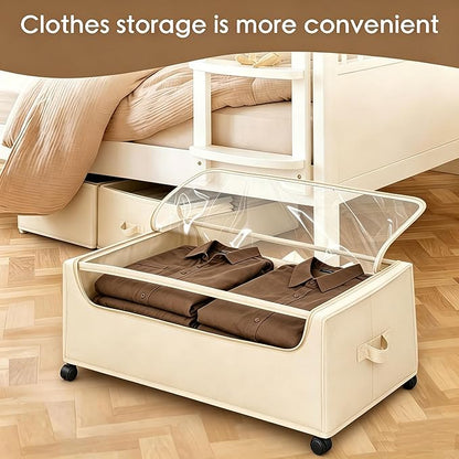 Under Bed Storage with Wheels, 2-Pack Under the Bed Storage Containers with Clear Lids & Label, Underbed Storage Bins, XXXL 85L 11 inches Rolling Metal Drawer for Clothes, Shoes, Toys, Books - Beige