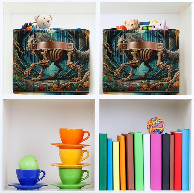 Large Storage Basket Skeletal Wolf Storage Bin Cube Canvas Fabric Organizer Handles Collapsible for Clothes Toys Bedroom Decorative
