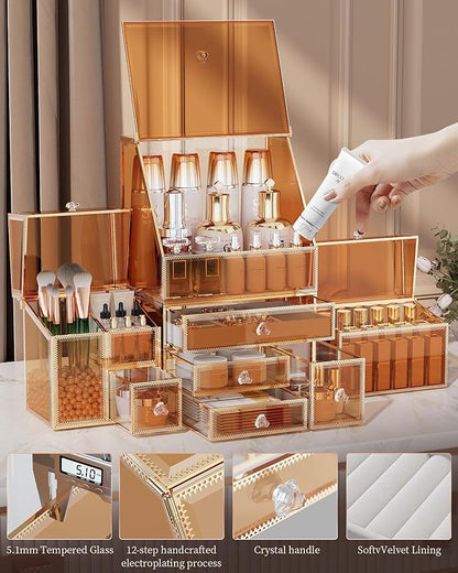 Youdepot Extra Large Makeup Organizer, Glass Cosmetic Storage with Drawers, Stackable Makeup and Jewelry Organizer for Vanity Table, Bathroom Countertop, Skincare, Lipsticks, Perfume, Brushes