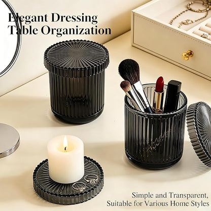2 Pack Glass Qtip Holder Dispenser Set - Bathroom Organizer for Cotton Swabs, Balls, Pads, Floss Picks - Clear Apothecary Jars for Vanity, Makeup Storage, Bathroom Accessories Decor (Black)