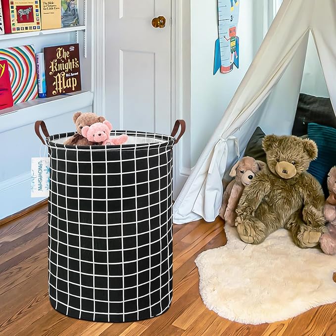 Laundry Basket Canvas Fabric Collapsible Organizer Basket for Storage Bin Toy Bins Gift Baskets Bedroom Clothes Children Nursery Hamper (Black Grid)
