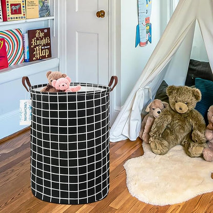 Laundry Basket Canvas Fabric Collapsible Organizer Basket for Storage Bin Toy Bins Gift Baskets Bedroom Clothes Children Nursery Hamper (Black Grid)