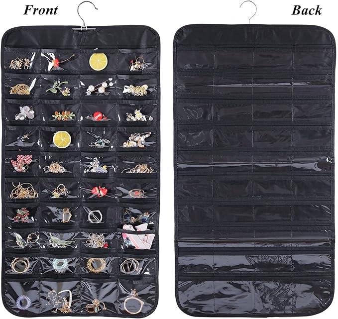 Cemueo Hanging Jewelry Organizer, Double Sided 80 Pocket Jewelry Chain Storage Bag 2 Layer of Fabric Jewelry Organizer Holder for Necklace Bracelet Earring Ring Chain Knitting Tool-Black