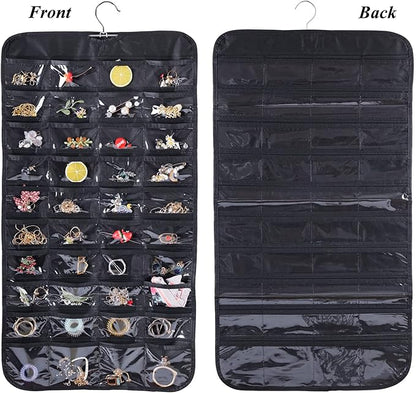 Cemueo Hanging Jewelry Organizer, Double Sided 80 Pocket Jewelry Chain Storage Bag 2 Layer of Fabric Jewelry Organizer Holder for Necklace Bracelet Earring Ring Chain Knitting Tool-Black