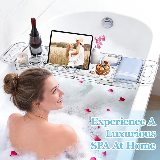 Expandable Bathtub Tray Caddy, AZ. MIFENO Clear Acrylic Bath Tray for Tub for Bath Relaxing, Foldable Bath Table Trays Luxury Spa Bathtub & Bathroom Accessories for Women Gift (Clear)