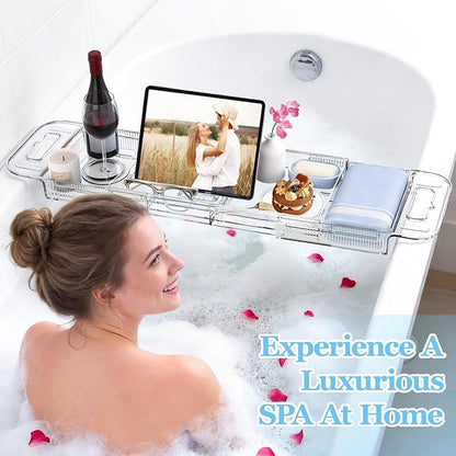 Expandable Bathtub Tray Caddy, AZ. MIFENO Clear Acrylic Bath Tray for Tub for Bath Relaxing, Foldable Bath Table Trays Luxury Spa Bathtub & Bathroom Accessories for Women Gift (Clear)