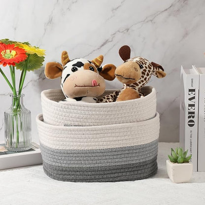Sawysine 6 Pcs Storage Baskets Bulk for Organizing Cotton Rope Woven Basket with Handles for Gift Cloth Shelves Blanket Toys Living Room(Gray and White)