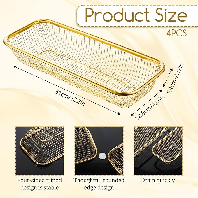 4 Pcs Gold Kitchen Drawer Organizer, Stainless Steel Silverware Container, Stackable Mesh Storage Baskets, Gold Utensil Holder for Holding Knife, Fork, Spoon, 12 x 5 x 2 Inch