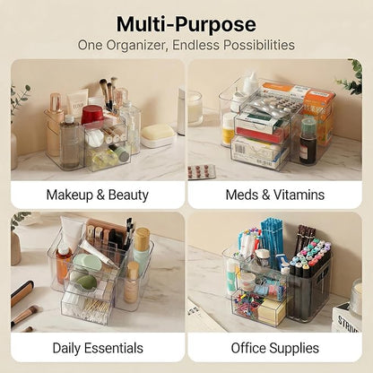 Hair Accessories Organizer for Girls & Women, 2-Drawer Clear Plastic Hair Brush Holder with 3 Compartments, Vanity Countertop Makeup Organizer for Hair Ties, Clips & Bobby Pins