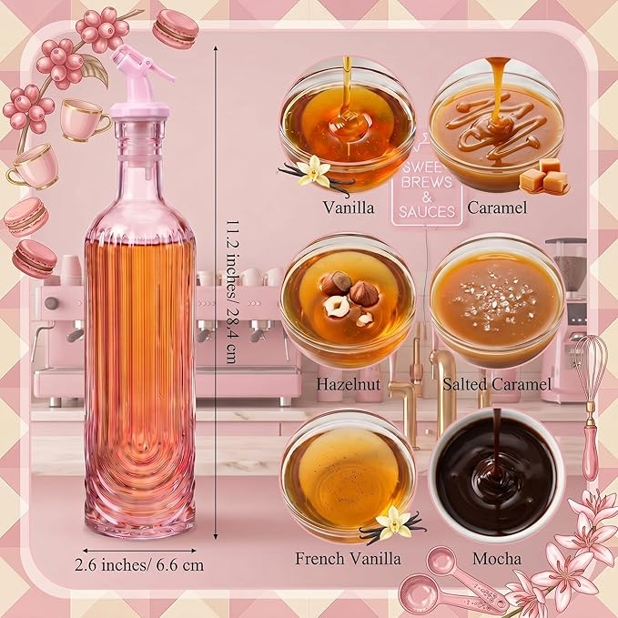 Vesici 4 Set 17oz Pink Syrup Dispenser, Glass Syrup Bottles for Coffee Bar, Pink Leak-Proof Coffee Accessories