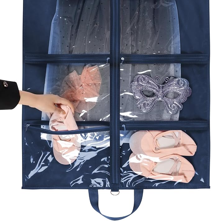 KEEGH Clear Garment Bags for Dance Costumes 40 inch Dance Garment Bags for Dancers Hanging Clothes for Closet Storage, with 4 Zipper Pockets for Dance Competitions, Ballet, Theatre, 6 Pack, Navy Blue