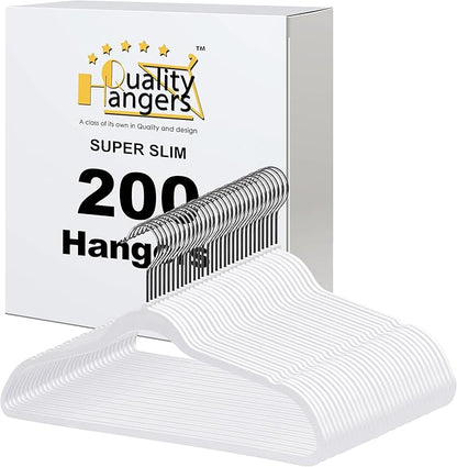 Quality Hangers 200 Pack Slim Plastic Hangers for Clothes - 16.5" Won't Crease Your Clothes, Heavy Duty Non-Velvet White Hangers, 360° Swivel Chrome Hook Dresses Coats Shirts