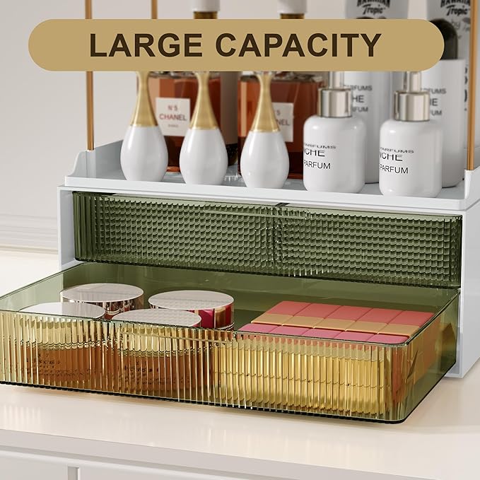 Bathroom Countertop Organizer with 2-Drawer, 3 Tier Makeup Organizer for Vanity, Large Multi-Purpose Makeup Skin Care Organizer for Vanity, Dark Green