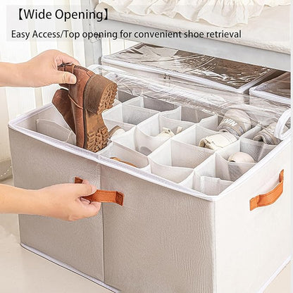 (2 Pack) Shoe Organizer for Closet, Shoe Storage Bins Foldable Shoe Storage Box Containers with Clear Cover and Sturdy Handles,Shoe Rack for Closet Storage for Sneakers Heels Slippers (Beige Small)
