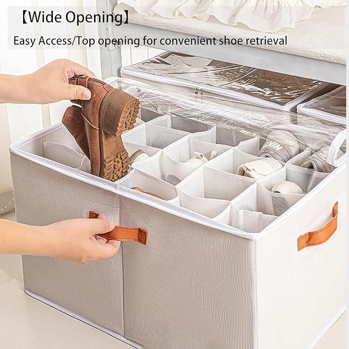 (2 Pack) Shoe Organizer for Closet, Shoe Storage Bins Foldable Shoe Storage Box Containers with Clear Cover and Sturdy Handles,Shoe Rack for Closet Storage for Sneakers Heels Slippers (Gray Small)