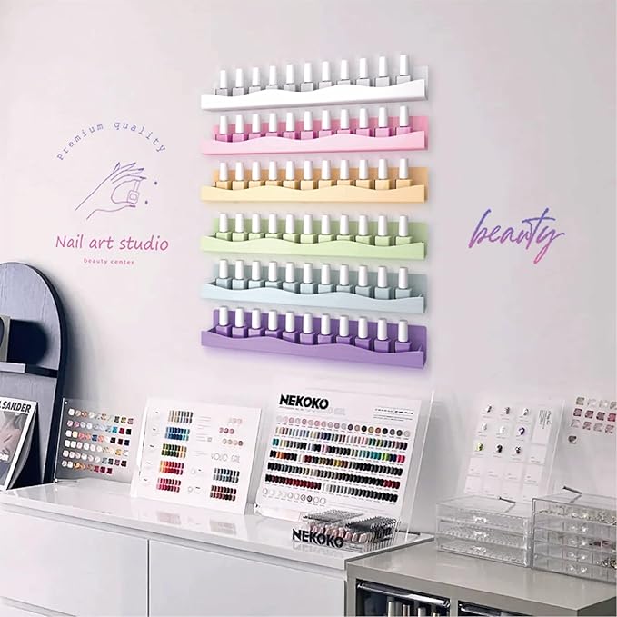 6 Colors Nail Polish Wall Mounted Shelf,15 Inch Nail Polish Floating Shelves for 66-90 Bottles Multi-Purpose,Ideal Gift, Great Display for Salons Retailers,6 pack