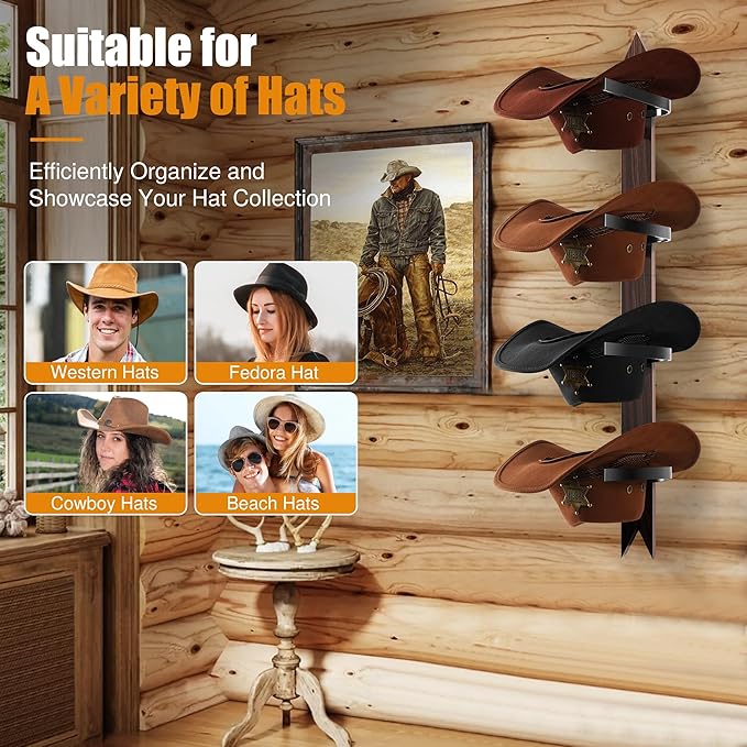 Cinati Cowboy Hat Rack, Cowboy Hat Holder Wall Mount Holds up to 4 Hats, Wooden Western Rustic Metal Cowboy Hat Hanger with Arrow Sign Board, Hat Rack for Cowgirl Hat, Fedora, Sun Hats (2 pack)