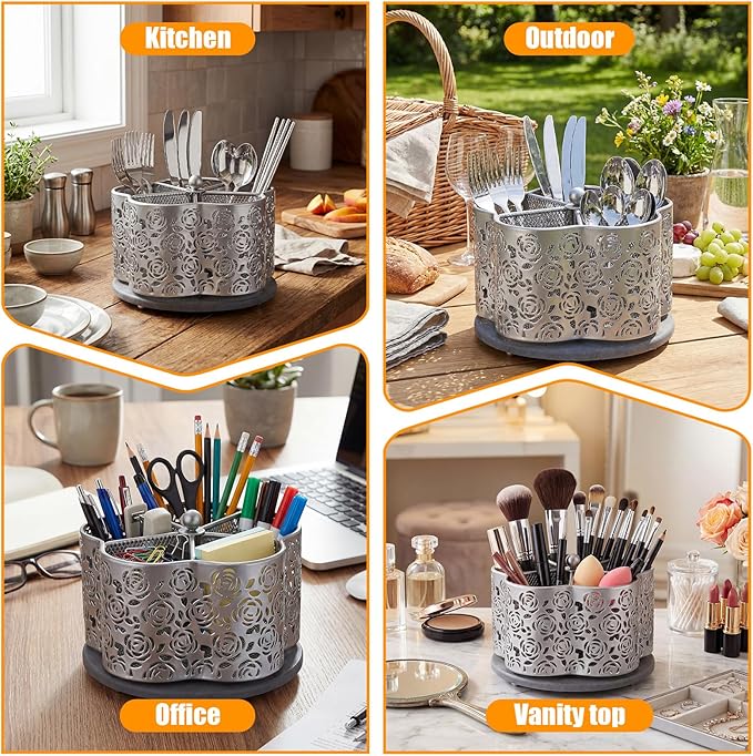 360 Degree Rotating Utensil Caddy Silverware Cutlery Caddy Holder with 5 Compartment Kitchen Countertop Organizer for Spoon Fork Flatware Storage for Home or Outdoor Picnic Camping(Silver)