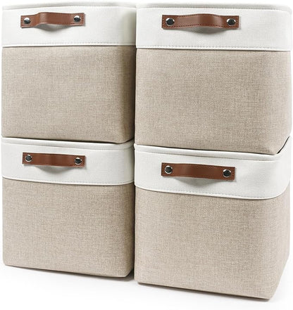 Bagnizer Collapsible Fabric Storage Cubes 11x11 Cube Storage Bins, 4 Pack Closet Baskets Box with Handles for Organizing, Shelf, Toys, Clothes, Home, Office, Nursery (Beige&White)
