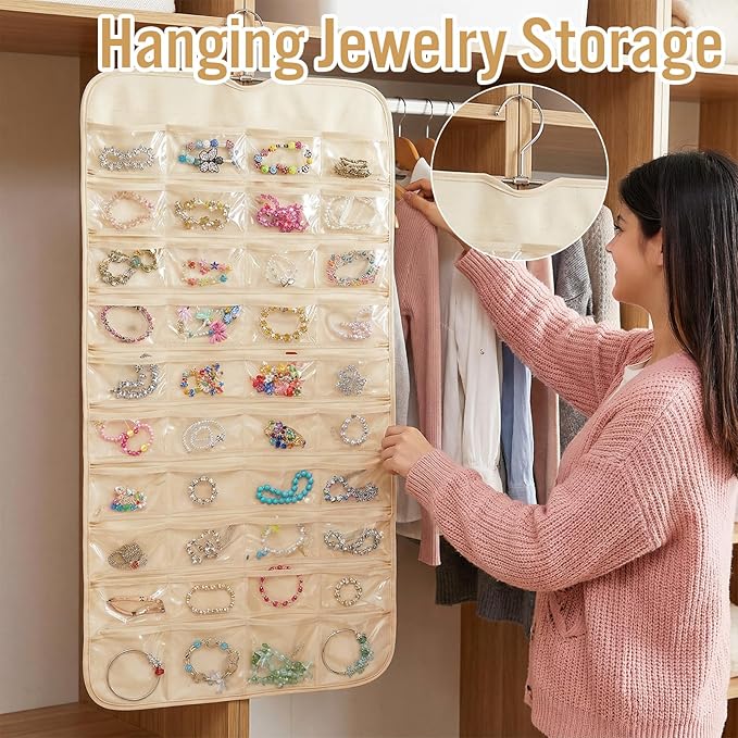 4 Pcs Hanging Jewelry Organizer with 80 Pockets, Dual-Sided Jewelry Holder Hanging Storage Organizer Hanger Closet for Bracelet Necklace Ring Earring Accessories, Beige