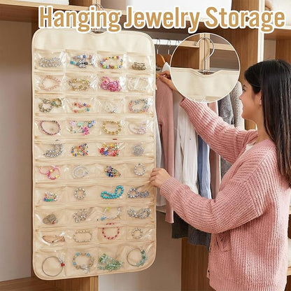 4 Pcs Hanging Jewelry Organizer with 80 Pockets, Dual-Sided Jewelry Holder Hanging Storage Organizer Hanger Closet for Bracelet Necklace Ring Earring Accessories, Beige