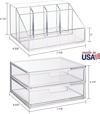 STORi Chloe Stackable Makeup Holder & Drawer Organizer Set, Clear, BPA-Free Plastic, Made in USA, Organize Brushes, Cosmetics & Beauty Essentials