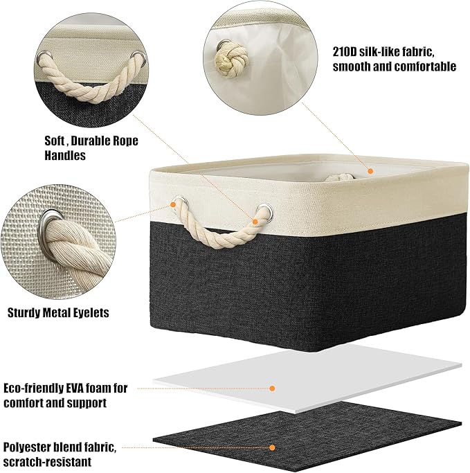 Simple Houseware 15.7" x 12" Wide & Low Fabric Storage Bin for Shallow Gaps and Closet, Braided Handles, 3 Pack, Black
