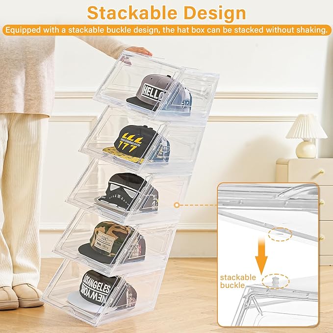 Amllas 2 Pack Stackable Hat Organizer for Baseball Caps, Large Clear Hat Holder with Sliding Drawer, Hat Storage Box with Door, Baseball Cap Organizer