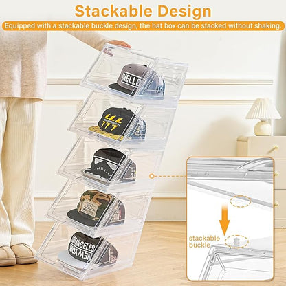 Amllas 2 Pack Stackable Hat Organizer for Baseball Caps, Large Clear Hat Holder with Sliding Drawer, Hat Storage Box with Door, Baseball Cap Organizer