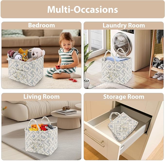 Storage Basket Boho Fabric Large Collapsible Floral Laundry Nursery Hamper Portable Folding Storage for Clothes Toys (Vine-Blue A)