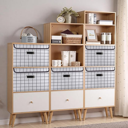 STOREONE Fabric Storage Cube Bins Foldable Organizer Container Collapsible Basket with Lids and Metal Handles, for Home, Bedroom, Closet 3 Pcs (White grid)