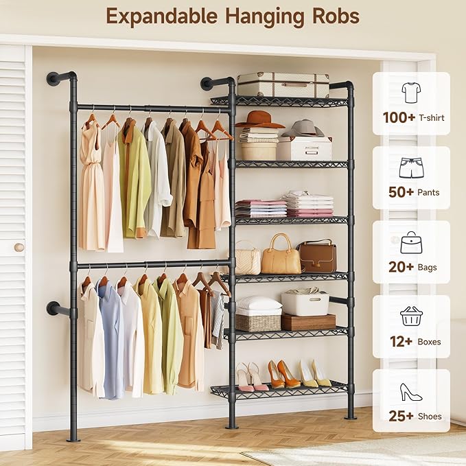 ONBRILL H2 Wall Mounted Clothing Rack, Expandable Industrial Pipe Clothes Rack Garment Racks for Hanging Clothes, Heavy Duty Closet Organizers and Storage in Closet System, Black