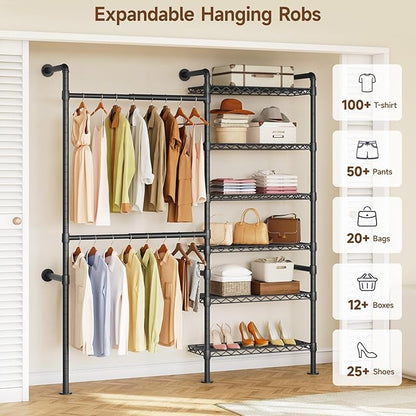 ONBRILL H2 Wall Mounted Clothing Rack, Expandable Industrial Pipe Clothes Rack Garment Racks for Hanging Clothes, Heavy Duty Closet Organizers and Storage in Closet System, Black
