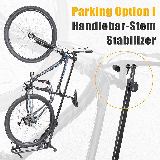BIKE HAND Vertical Bike Floor Stand - Premium Quality Vertical & Horizontal Adjustable Bicycle Parking Rack - Store MTB Road Bikes Wheels Sizes up to 29"- with Stem Handlebar Stabilizer