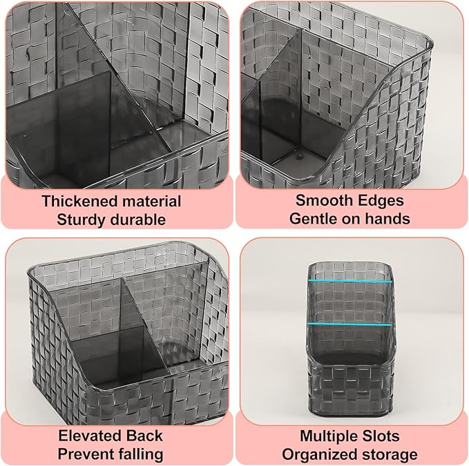 DASITON Makeup Brush Holder Organizer, 3 Slots Acrylic Makeup Brushes Storage Cup, Woven Texture Make Up Brush Holder for Vanity Bathroom Office, Pen Holder for Desk, Cosmetic Display Cases (Grey M)