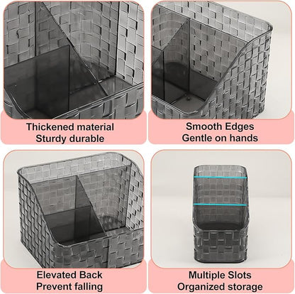 DASITON Makeup Brush Holder Organizer, 3 Slots Acrylic Makeup Brushes Storage Cup, Woven Texture Make Up Brush Holder for Vanity Bathroom Office, Pen Holder for Desk, Cosmetic Display Cases (Grey M)