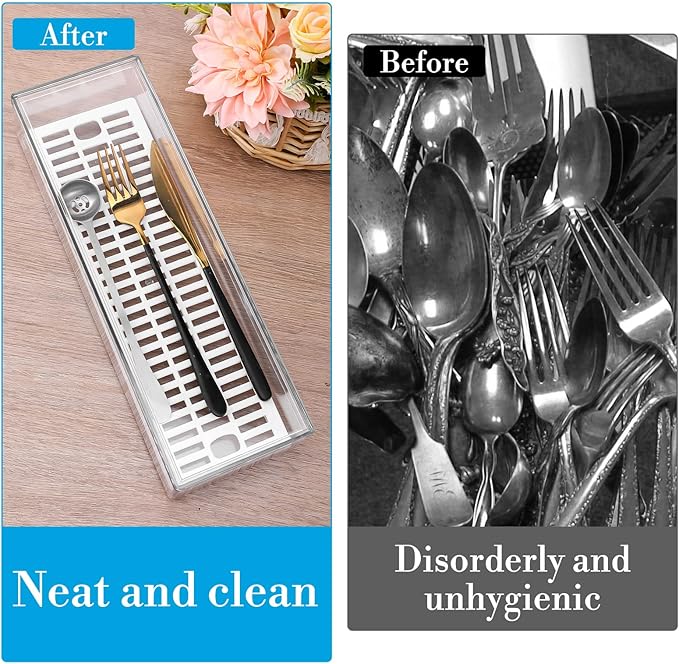 2 Pcs Clear Silverware organizer with lid, Plastic Flatware Storage Box, Kitchen Drawer Organizer tray, Cutlery Utensil Holder for Flatware and Silverware